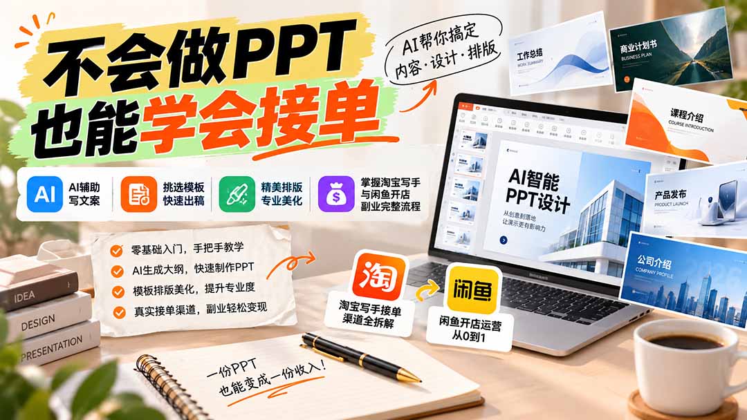 不会做PPT也能学会接单：AI辅助写文案、挑模板、做排版，掌握淘宝写手与闲鱼开店副业完整流程-轻创终点站