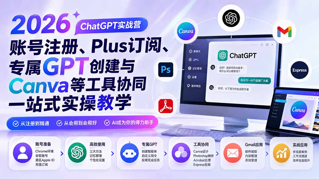 2026 ChatGPT实战营；账号注册、Plus订阅、专属GPT创建与Canva等工具协同一站式实操教学-轻创终点站