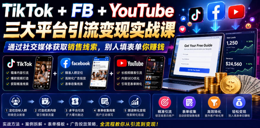 TikTok+FB+YouTube三大平台引流变现实战课，通过社交媒体获取销售线索，别人填表单你賺钱【原创双语字幕】-源创文化:轻创终点站