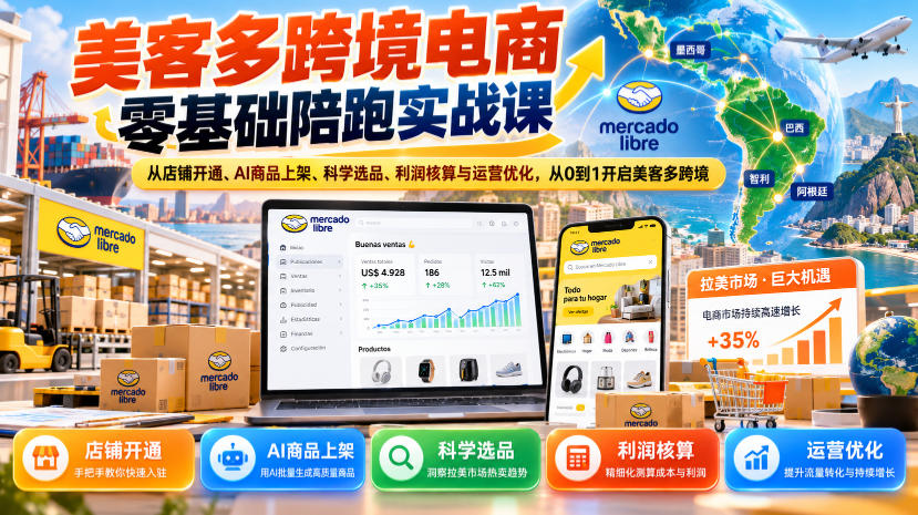美客多跨境电商零基础陪跑实战课：从店铺开通、AI商品上架、科学选品、利润核算与运营优化，从0到1开启美客多跨境-轻创终点站