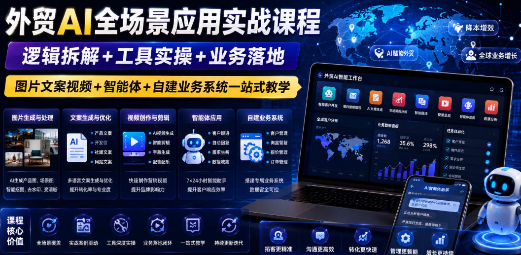 外贸AI全场景应用实战课程｜逻辑拆解+工具实操+业务落地，图片文案视频+智能体+自建业务系统一站式教学-源创文化:轻创终点站
