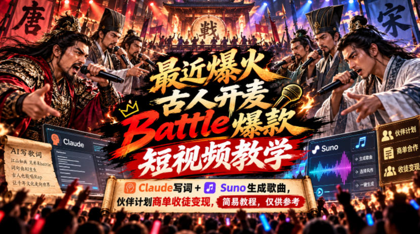 最近爆火古人开麦Battle爆款短视频教学，Claude写词+Suno生成歌曲，伙伴计划商单收徒变现，简易教程，仅供参考-轻创终点站