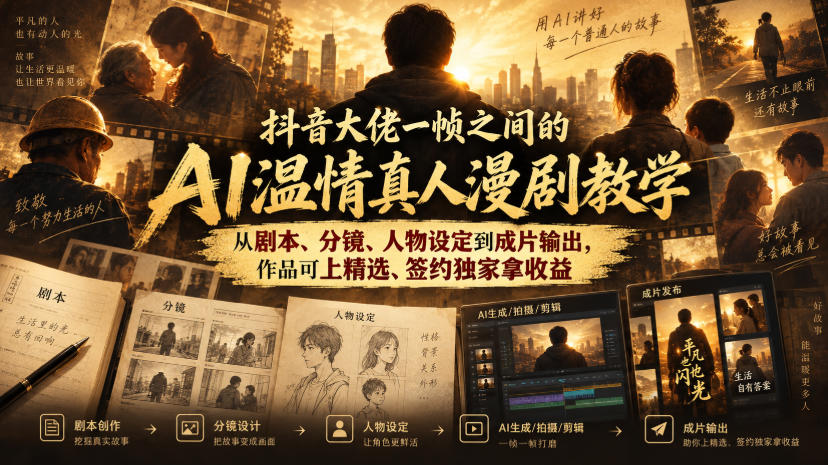 抖音大佬一帧之间的AI温情真人漫剧教学，从剧本、分镜、人物设定到成片输出，作品可上精选、签约独家拿收益-轻创终点站