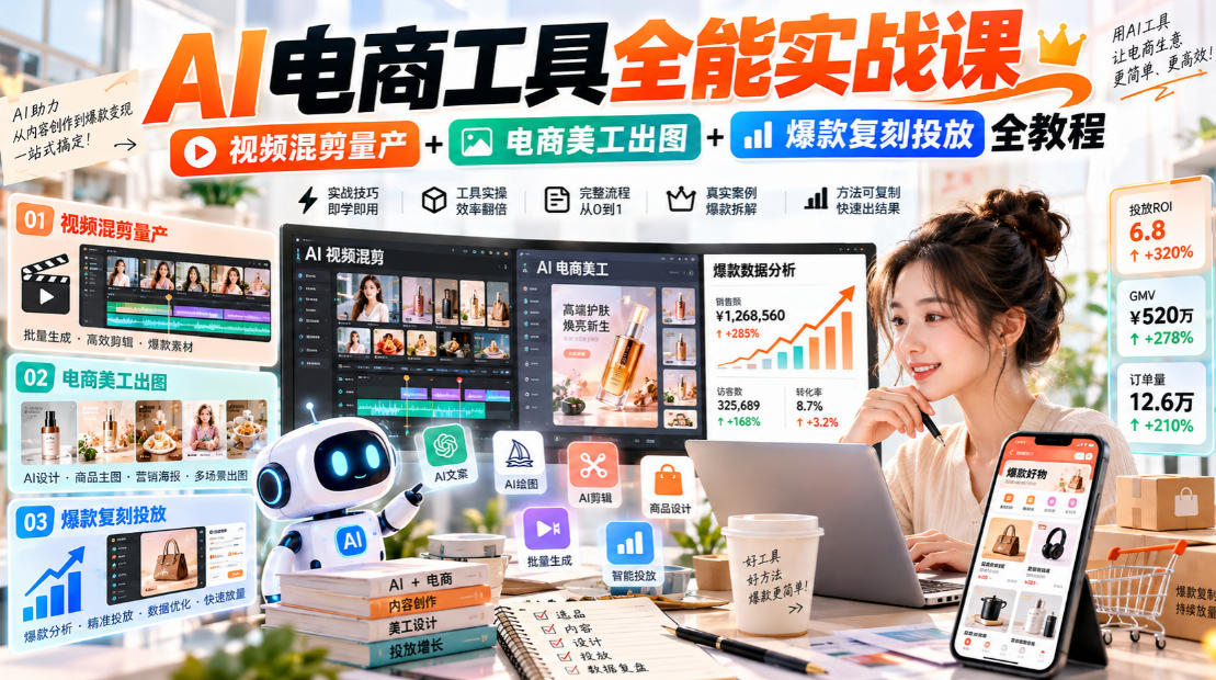 AI电商工具全能实战教学,视频混剪量产+电商美工出图+爆款复刻投放全教程-轻创终点站