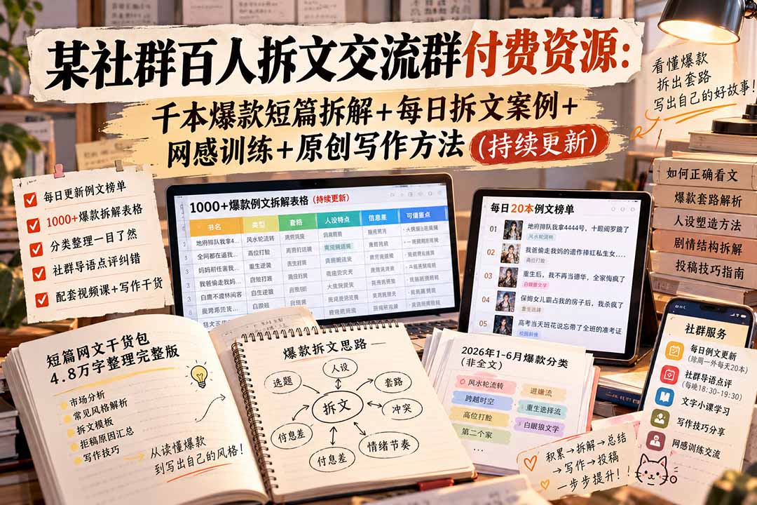 某社群百人拆文交流群付费资源-更新0929：千本爆款短篇拆解+每日拆文案例+网感训练+原创写作方法-轻创终点站