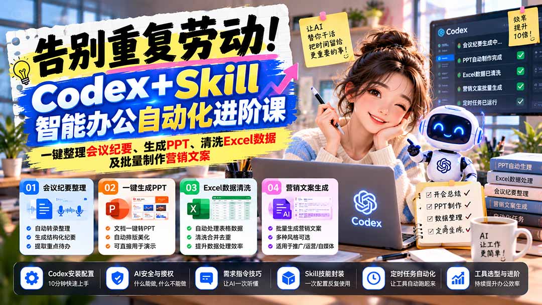 告别重复劳动！Codex+Skill智能办公自动化进阶课：一键整理会议纪要、生成PPT、清洗Excel数据及批量制作营销文案-轻创终点站