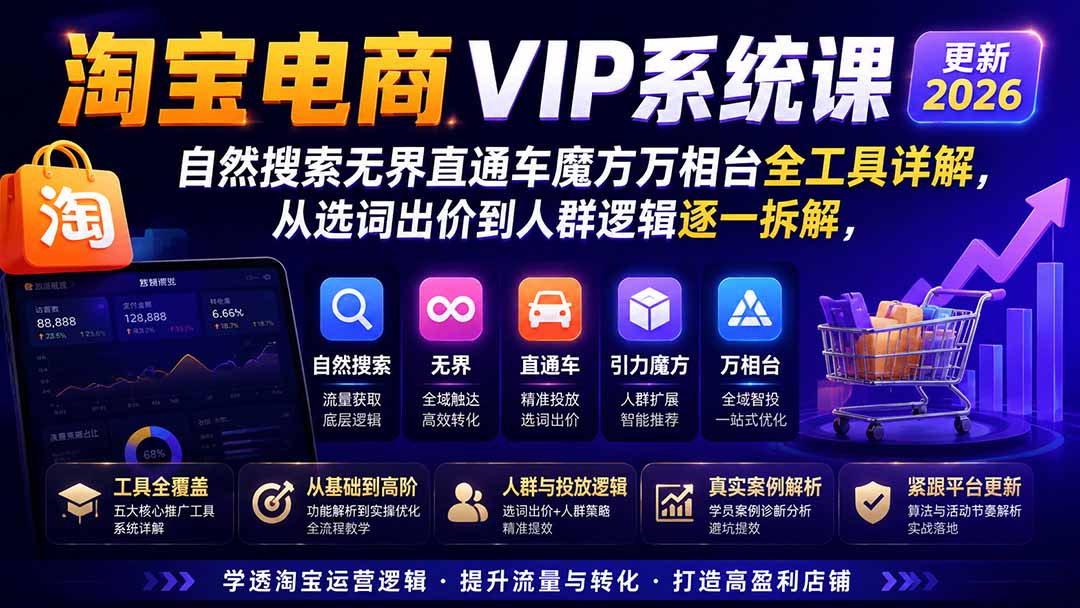 淘宝电商VIP系统课-更新8月；自然搜索无界直通车魔方万相台全工具详解，从选词出价到人群逻辑逐一拆解-轻创终点站