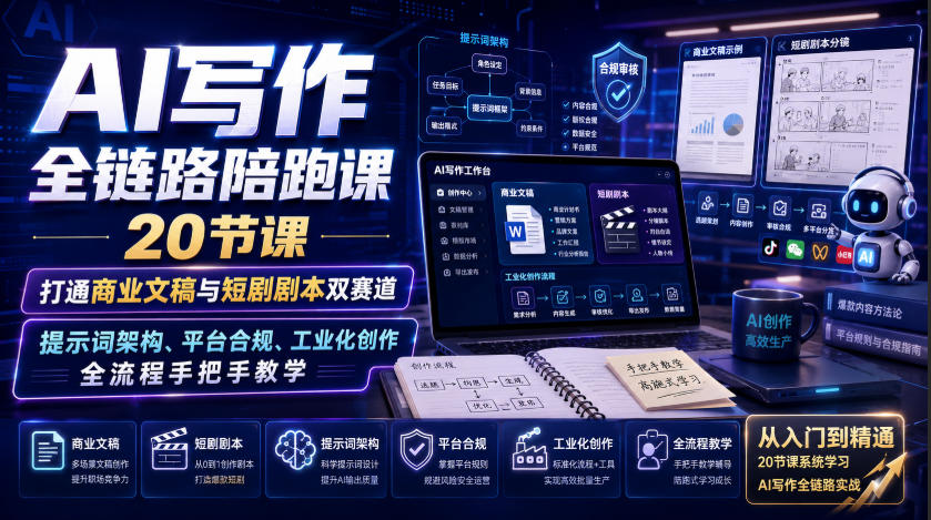 AI写作全链路陪跑课｜20节课打通商业文稿与短剧剧本双赛道，提示词架构、平台合规、工业化创作全流程手把手教学-轻创终点站
