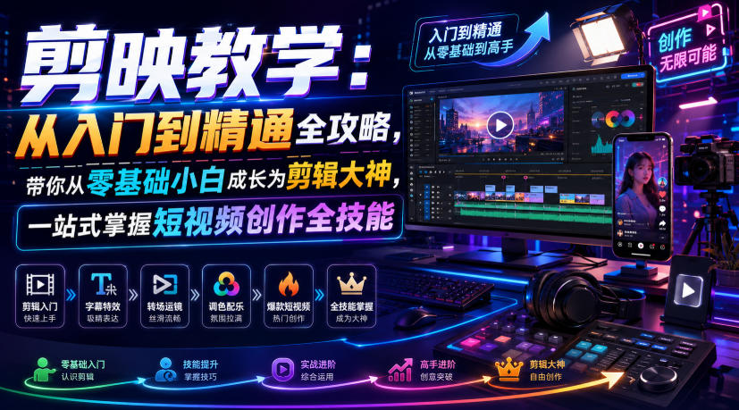 剪映教学:从入门到精通全攻略,带你从零基础小白成长为剪辑大神,一站式掌握短视频创作全技能-源创文化:轻创终点站