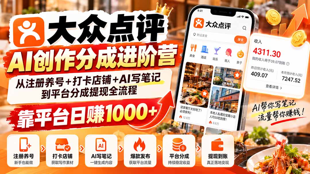 大众点评AI创作分成进阶营：从注册养号+打卡店铺+AI写笔记到平台分成提现全流程，靠平台日赚1000+-轻创终点站
