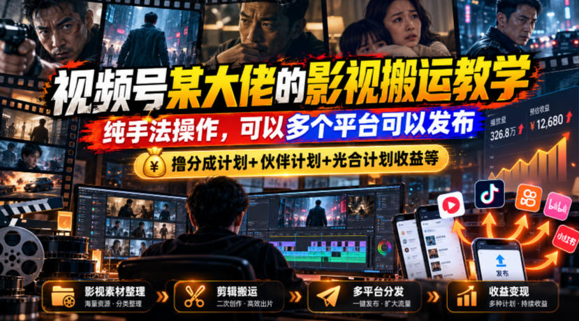 视频号某大佬的影视搬运教学，纯手法操作，可以多个平台可以发布，撸分成计划+伙伴计划+光合计划收益等-轻创终点站