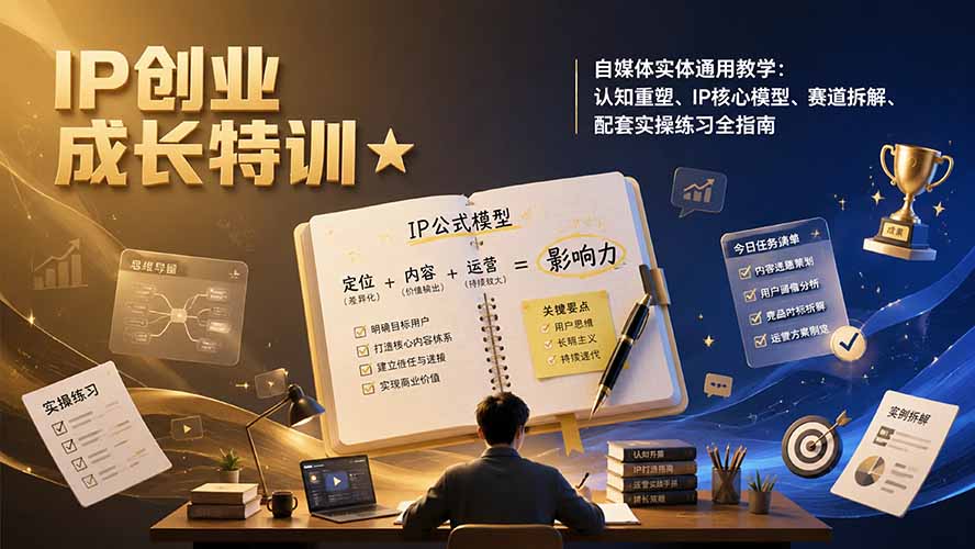 IP创业成长特训★自媒体实体通用教学：认知重塑、IP核心模型、赛道拆解、配套实操练习全指南-轻创终点站