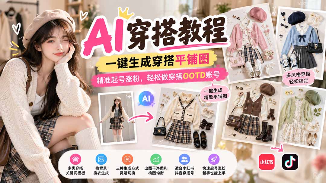 【无水印】AI穿搭教程｜一键生成穿搭平铺图，精准起号涨粉，轻松做穿搭OOTD账号-轻创终点站
