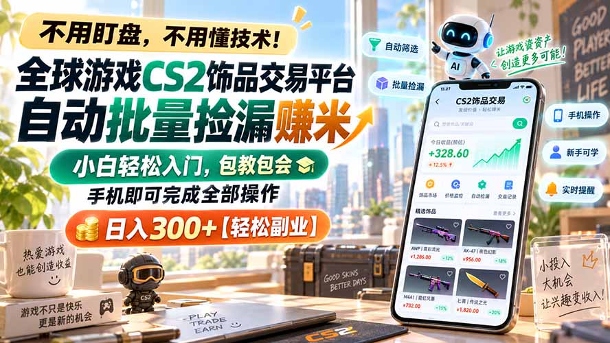 全球游戏CS2饰品交易平台自动批量捡漏赚米，小白轻松入门，包教包会，手机即可完成全部操作，日入300+【轻松副业】-轻创终点站