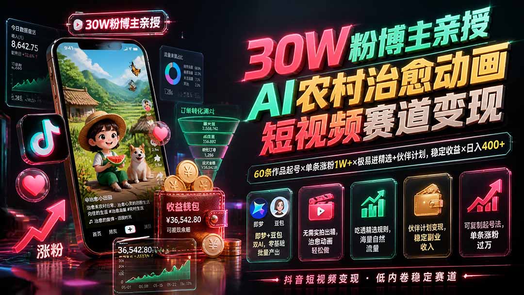30W粉博主亲授AI农村治愈动画短视频赛道变现：60条作品起号×单条涨粉1W+×极易进精选+伙伴计划，稳定收益×日入400+-轻创终点站