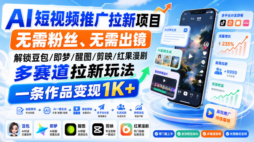 AI短视频推广拉新项目，无需粉丝、无需出镜，解锁豆包/即梦/醒图/剪映/红果漫剧多赛道拉新玩法，一条作品变现1K+(更新0910)-轻创终点站