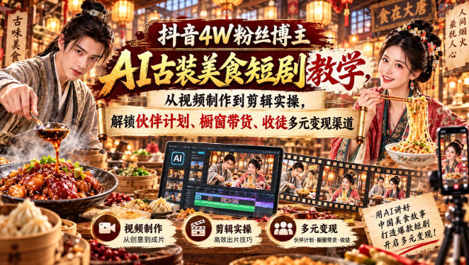 抖音4W粉丝博主AI古装美食短剧教学，从视频制作到剪辑实操，解锁伙伴计划、橱窗带货、收徒多元变现渠道-轻创终点站
