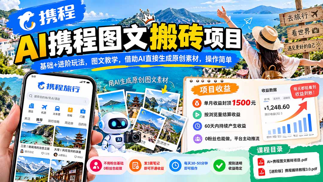 AI携程图文搬砖项目，基础+进阶玩法，图文教学，借助AI直接生成原创素材，操作简单-轻创终点站