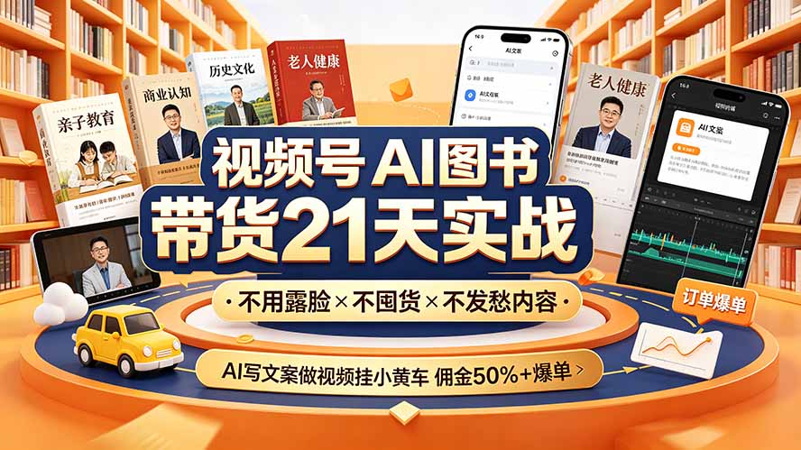 视频号AI图书带货21天实战：不用露脸×不囤货×不发愁内容，AI写文案做视频挂小黄车，佣金50%+爆单-轻创终点站