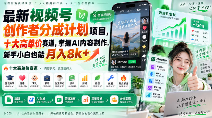 最新视频号创作者分成计划项目，十大高单价赛道，掌握AI内容制作，新手小白也能月入8k+-轻创终点站