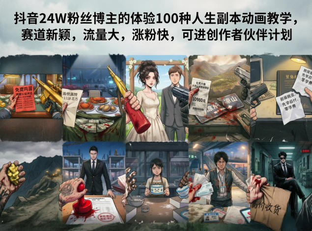 抖音24W粉丝博主的体验100种人生副本动画教学，赛道新颖，流量大，涨粉快，可进创作者伙伴计划-源创文化:轻创终点站
