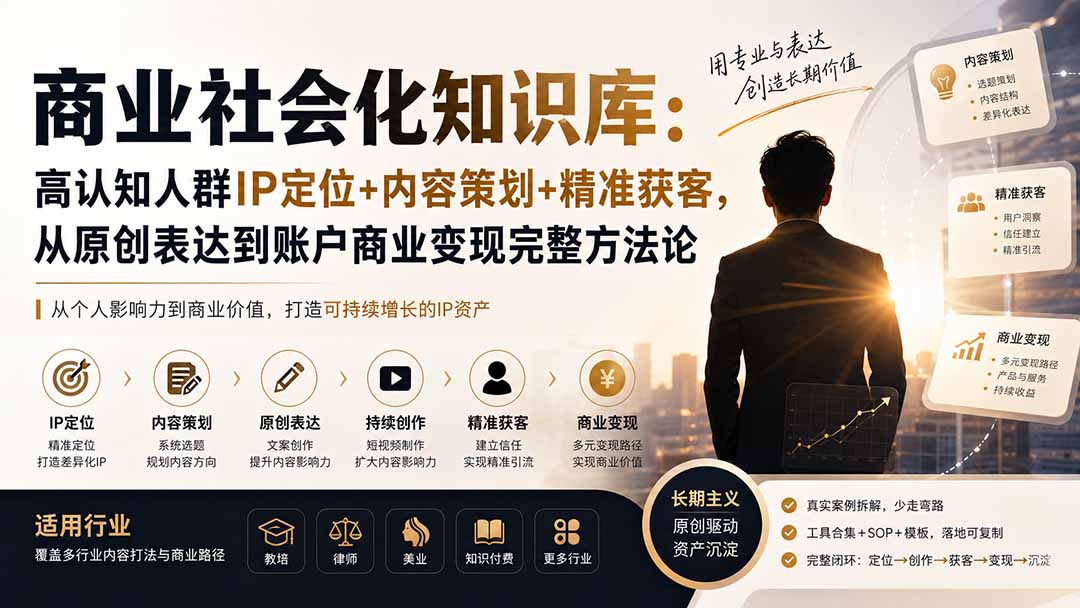 商业社会化知识库：高认知人群IP定位+内容策划+精准获客，从原创表达到账户商业变现完整方法论-轻创终点站