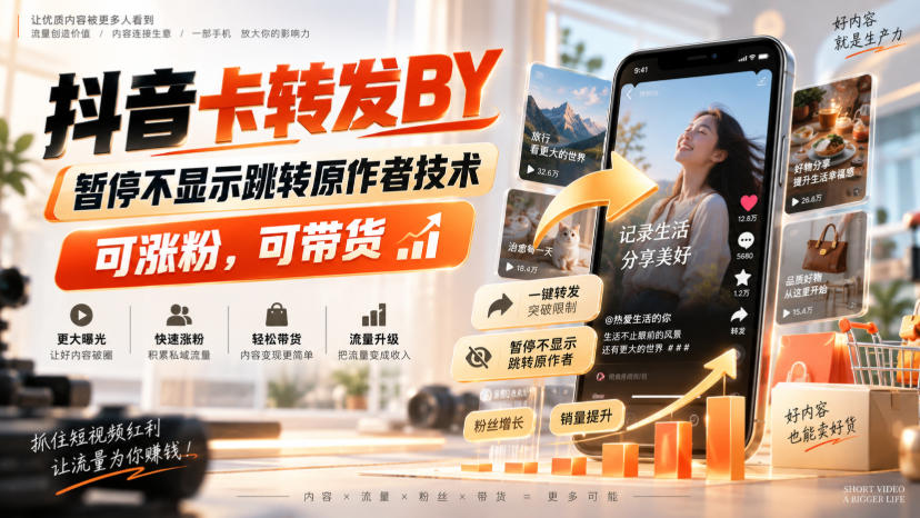 抖音卡转发搬运，暂停不显示跳转原作者技术，可涨粉，可带货-轻创终点站