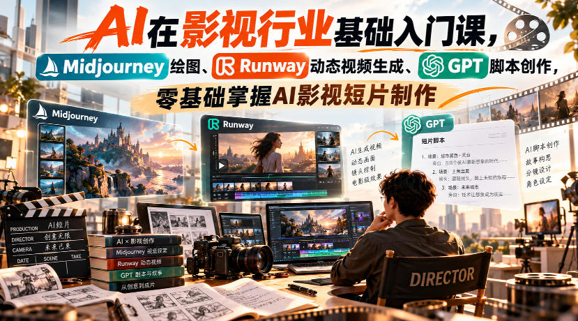 【无水印】AI在影视行业基础入门课，Midjourney绘图、Runway动态视频生成、GPT脚本创作，零基础掌握AI影视短片制作-轻创终点站