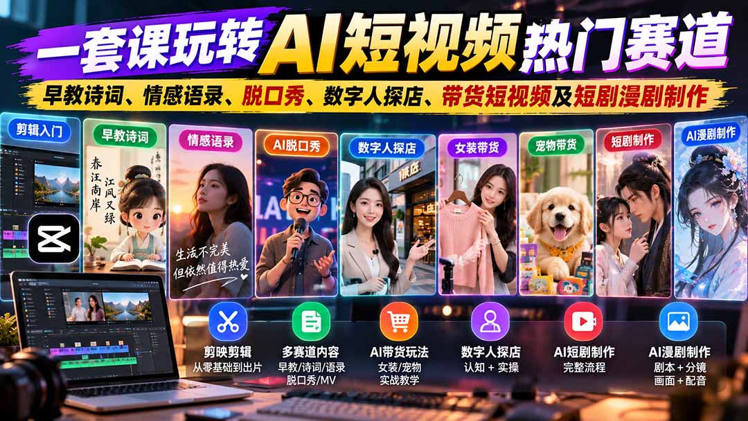 一套课玩转AI短视频热门赛道：早教诗词、情感语录、脱口秀、数字人探店、带货短视频及短剧漫剧制作  复制标题-轻创终点站