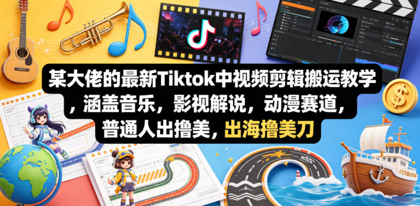 某大佬的最新Tiktok中视频剪辑搬运教学，涵盖音乐，影视解说，动漫赛道，普通人出海撸美刀-源创文化:轻创终点站