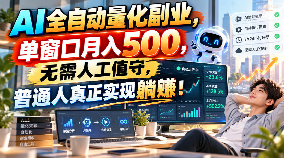 AI全自动量化副业，单窗口月入500，无需人工值守，普通人真正实现躺賺！-轻创终点站