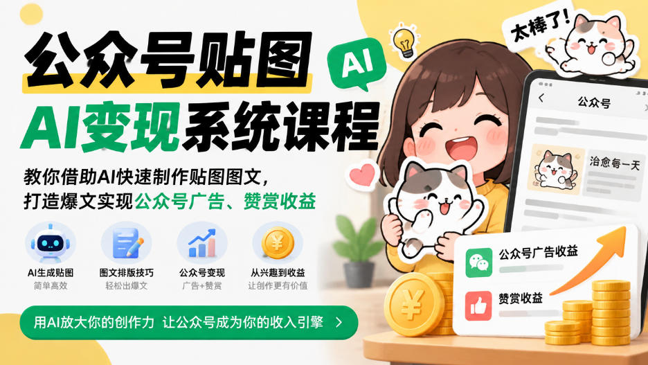 公众号贴图AI变现系统课程|教你借助AI快速制作贴图图文,打造爆文实现公众号广告、赞赏收益-轻创终点站