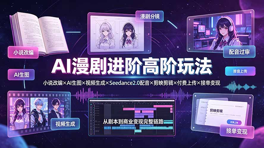AI漫剧进阶高阶玩法:小说改编×AI生图×视频生成×Seedance2.0配音×剪映剪辑×付费上传×接单变现-轻创终点站