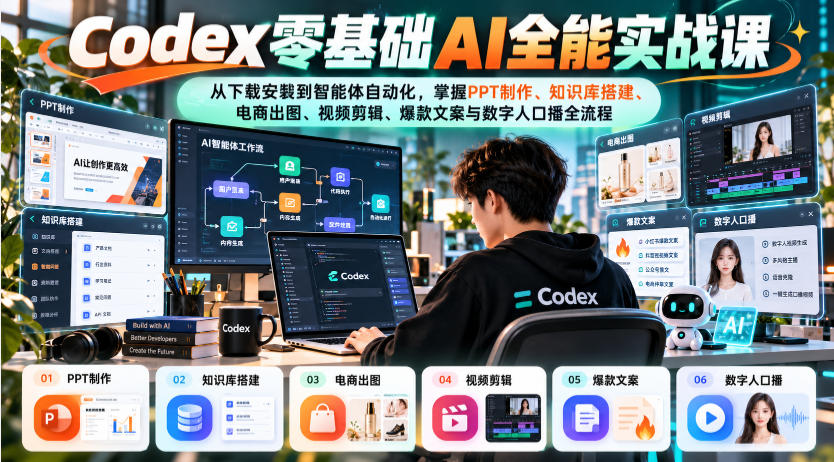 Codex零基础AI全能实战课：从下载安装到智能体自动化，掌握知识库搭建、电商出图、视频剪辑、爆款文案与数字人口播全流程-轻创终点站