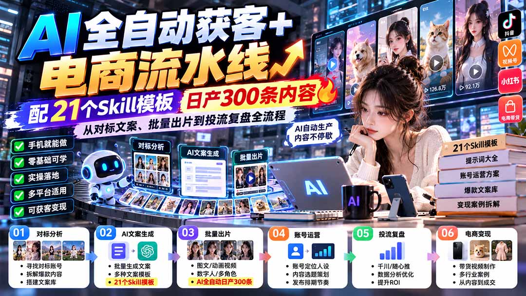 【无水印】AI全自动获客+电商流水线：配21个Skill模板，日产300条内容，从对标文案、批量出片到投流复盘全流程-轻创终点站