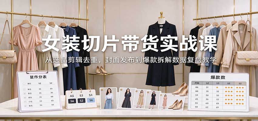 女装切片带货实战课：从选品剪辑去重，封面发布到爆款拆解数据复盘教学-轻创终点站
