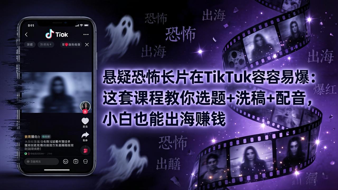 悬疑恐怖长片在TikTok最容易爆：这套课程教你选题+洗稿+配音，小白也能出海赚钱-源创文化:轻创终点站