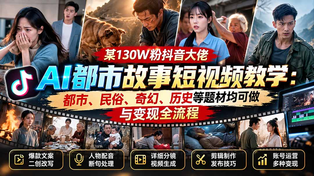某130W粉抖音大佬AI都市故事短视频教学：都市、民俗、奇幻、历史等题材均可做与变现全流程-轻创终点站