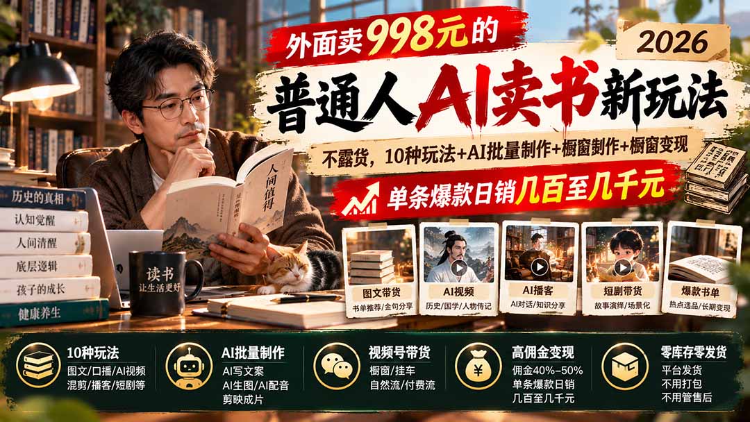 外面卖998元的2026普通人AI卖书新玩法：不露脸、不囤货，10种玩法+AI批量制作+橱窗变现，单条爆款日销几百至几千元-轻创终点站