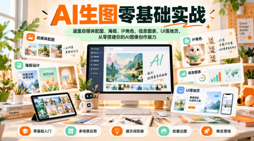 AI生图零基础实战，涵盖自媒体配图、海报、IP角色、信息图表、UI落地页，从零搭建你的AI图像创作能力-轻创终点站