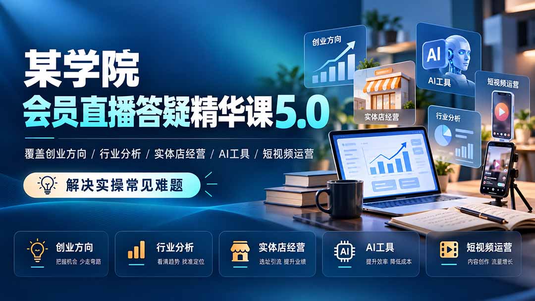 某学院会员直播答疑精华课5.0：覆盖创业方向、行业分析、实体店经营、AI工具和短视频运营，解决实操常见难题！-轻创终点站