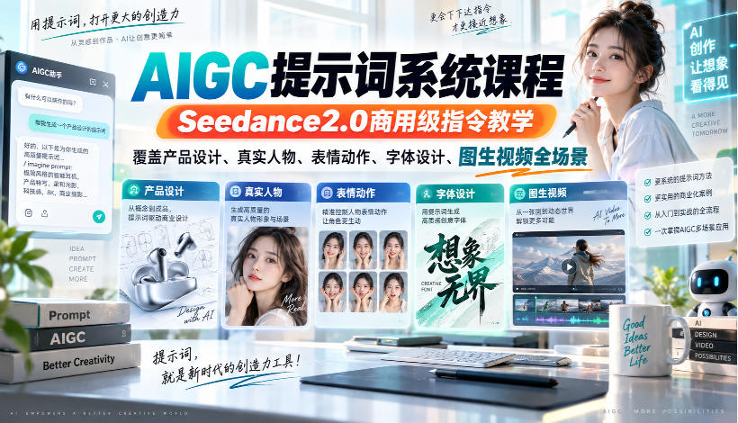 AIGC提示词系统课程，Seedance2.0商用级指令教学，覆盖产品设计、真实人物、表情动作、字体设计、图生视频全场景-轻创终点站