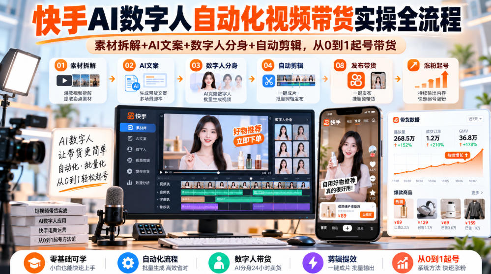 快手AI数字人自动化视频带货实操全流程｜素材拆解+AI文案+数字人分身+自动剪辑，从0到1起号带货(更新26年)-轻创终点站