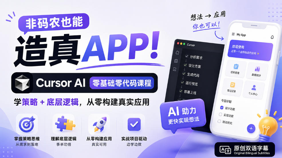 非码农也能造真APP！Cursor AI零基础零代码课程：学策略+底层逻辑，从零构建真实应用【原创双语字幕】-轻创终点站