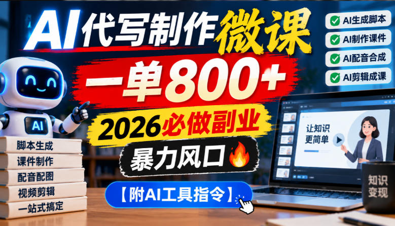 AI代写制作微课,一单800+,2026必做副业,暴力风口【附AI工具指令】【揭秘】-轻创终点站