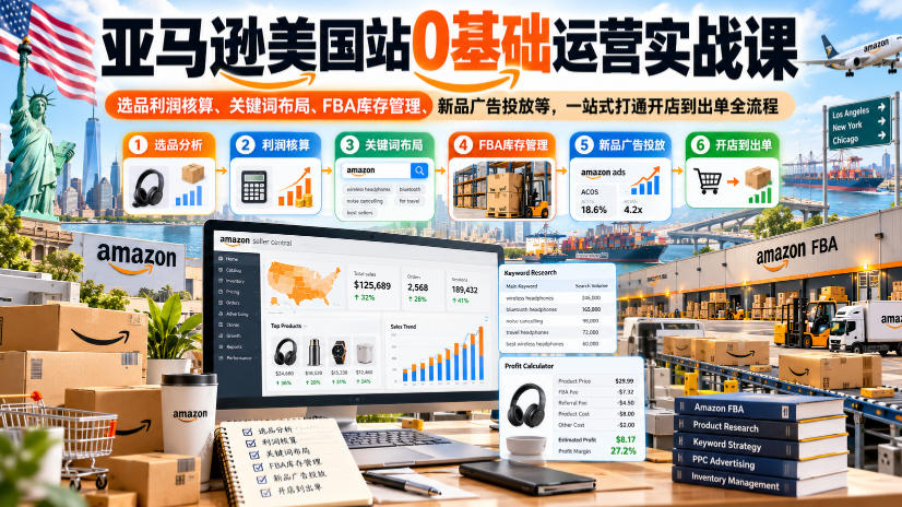 亚马逊美国站0基础运营实战课｜选品利润核算、关键词布局、FBA库存管理、新品广告投放等，一站式打通开店到出单全流程-轻创终点站