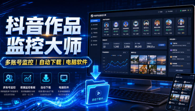 抖音作品监控大师，多账号监控丨自动下载丨电脑软件-轻创终点站