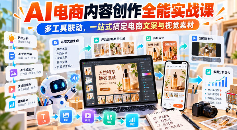 【无水印】AI电商内容创作全能实战课｜多工具联动，一站式搞定电商文案与视觉素材-轻创终点站