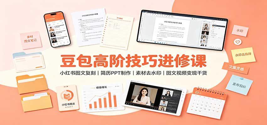 豆包高阶技巧进修课：小红书图文复刻，简历PPT制作，素材去水印，图文视频变现干货-轻创终点站