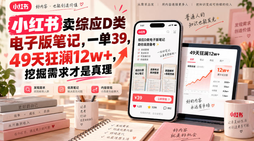 小红书卖综应D类电子版笔记，一单39，49天狂澜12w+，挖掘需求才是真理-轻创终点站
